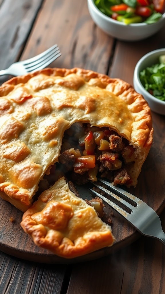 Chopped beef pot pie with golden crust and savory filling on a rustic table.